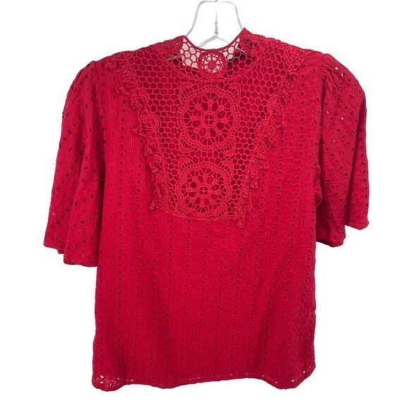 Shein Womens Blouse Top Eyelet Embroidered 100% Cotton Short Sleeve Red Small - Picture 13 of 13
